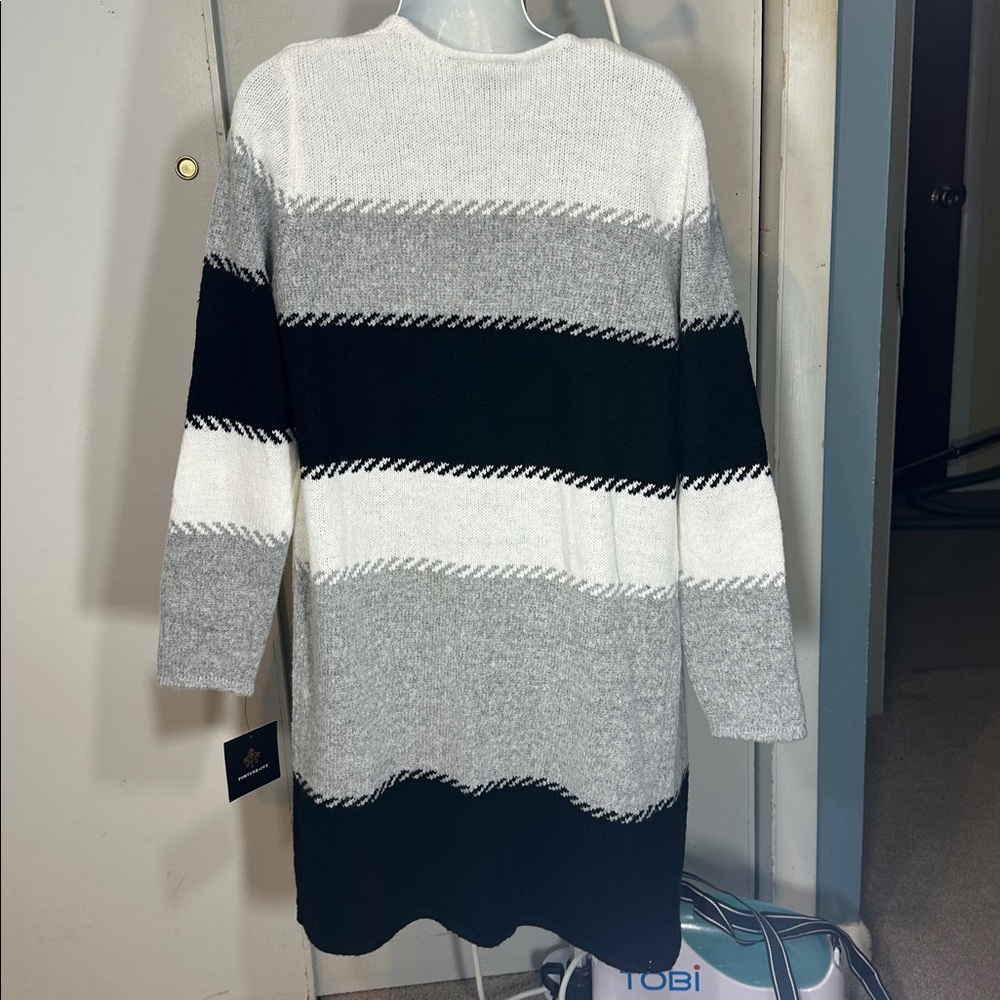 SMALL Fortune & Ivy Long Open Front Cardigan womans black grey white sweater NEW - Picture 6 of 6